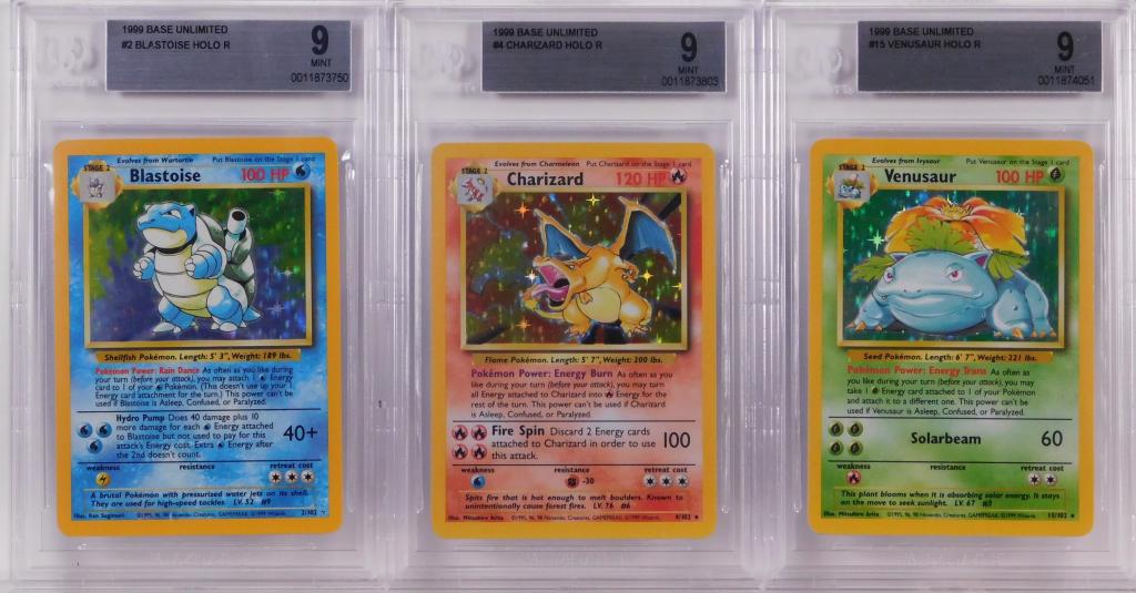 3 Pokemon Base Blastoise Charizard Venusaur BGS 9: United States,1999 Group includes 1999 Pokemon Base Unlimited Blastoise, Charizard, and Venusaur holographic trading cards, all graded BGS 9 Mint.,BGS case 5 1/8" x 3 1/4" Domestic shipping to the con