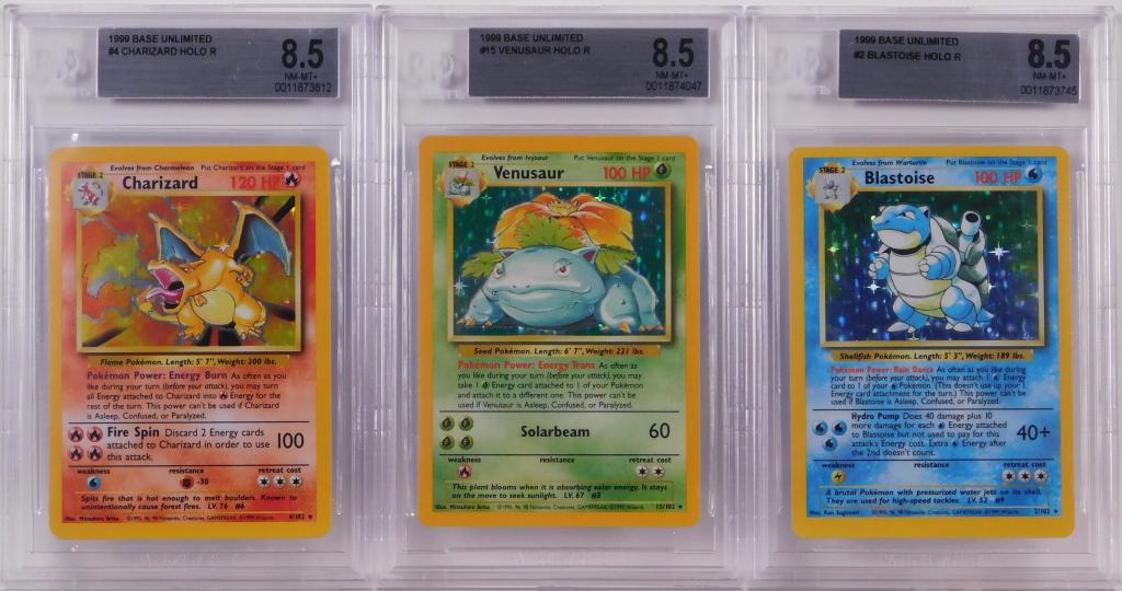 Pokemon Base Blastoise Charizard Venusaur BGS 8.5: United States,1999 Group includes 1999 Pokemon Base Unlimited Blastoise, Charizard, and Venusaur holographic trading cards, all graded BGS 8.5.,BGS case 5 1/8" x 3 1/4" Domestic shipping to the contin