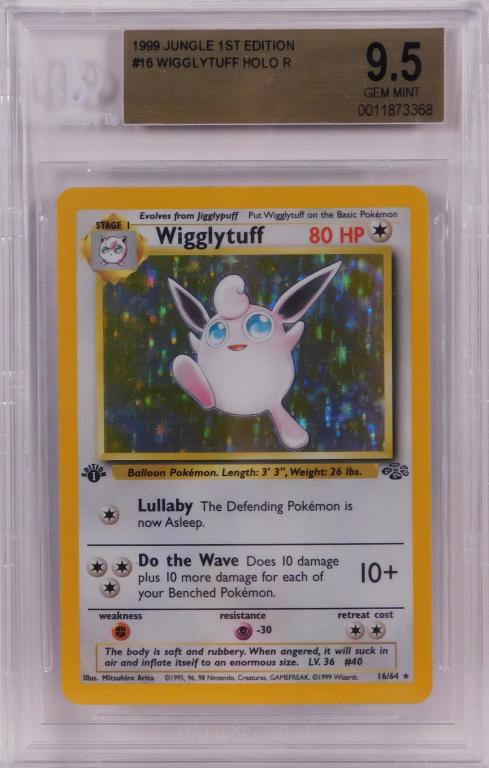 1999 Pokemon Jungle 1st Ed. Wigglytuff BGS 9.5 TCG: United States,1999 1999 Pokemon Jungle 1st edition Wigglytuff holographic trading card, BGS 9.5 Gem Mint. Per the Beckett Population Report 7 in 9.5, 0 higher.,BGS case 5 1/8" x 3 1/4" Domestic shippi