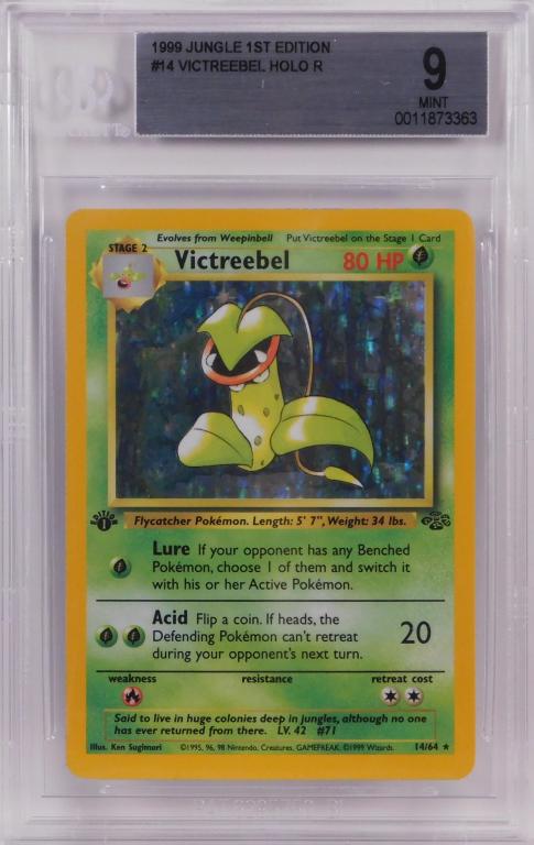1999 Pokemon Jungle 1st Ed. Victreebel BGS 9 TCG: United States,1999 1999 Pokemon Jungle 1st edition Victreebel holographic trading card, BGS 9 Mint.,BGS case 5 1/8" x 3 1/4" Domestic shipping to the continental 48 states via USPS is available and we