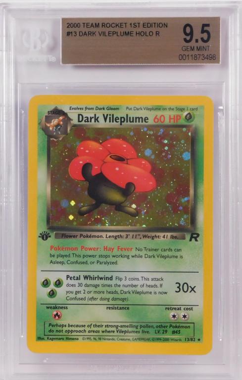 Pokemon Team Rocket 1st Ed. Dark Vileplume BGS 9.5: United States,2000 2000 Pokemon Team Rocket 1st edition Dark Vileplume holographic trading card, BGS 9.5 Gem Mint. Per the Beckett Population Report 8 in 9.5, 1 higher.,BGS case 5 1/8" x 3 1/4" Domest