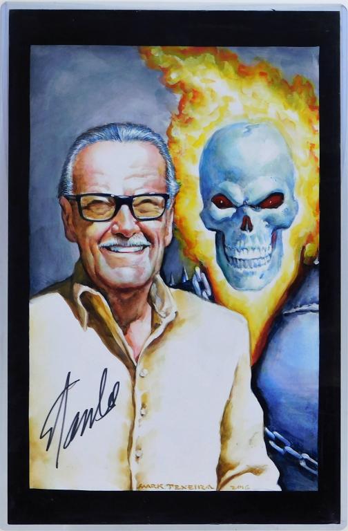Mark Texeira Stan Lee Signed Ghost Rider Painting: New York,b. 1950 Realistic painting depicting Stan Lee smiling and posing beside Ghost Rider. Texeira is a classically trained painter who started to work on comics in the 80's contributing to Ghost R