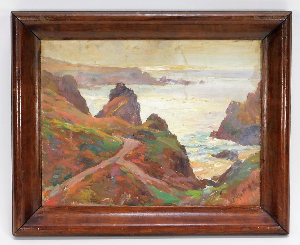 Garstin Cox Impressionist Landscape Painting: United Kingdom,1892-1933 Depicts paths along a cliff overlooking the ocean. Cox is best known for his romantic portrayals of Cornish landscapes and studied under John Noble Barlow, an honorary member 