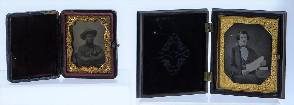 2 Gentleman Daguerreotype and Tintype Portraits: United States,19th Century Includes a daguerreotype depicting a young gentleman in a plaid vest and tie seated at a desk in an ornately decorated case and one tintype of a cowboy crossing his arms wit
