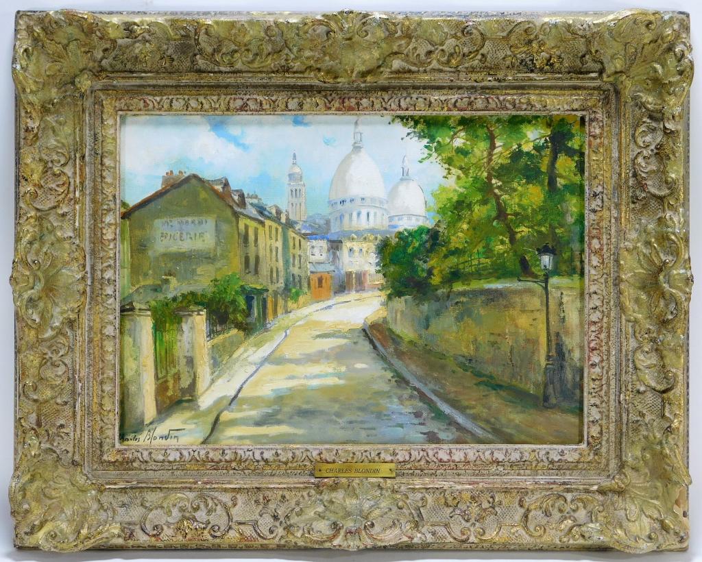 Charles Blondin French Impressionist Painting: France,1913-1991 Depicts an empty Parisian street lined with trees and buildings. Blondin was best known for his depictions of Paris in different seasons with the Paris Etching Society and the Camilla