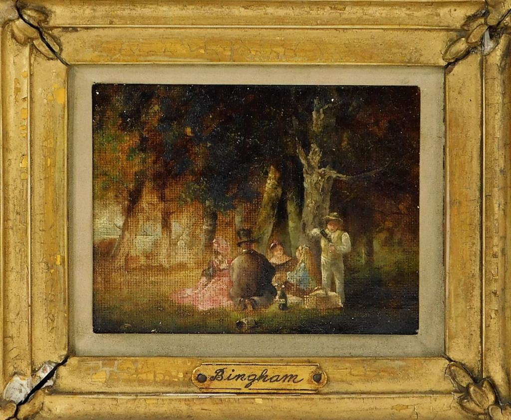 Attr. George Caleb Bingham Picnic Painting: United States,1811-1879 Miniature impressionist painting depicting three ladies and two gentleman seated beneath a tree enjoying a picnic. Bingham is most well known as a frontier painter and for his