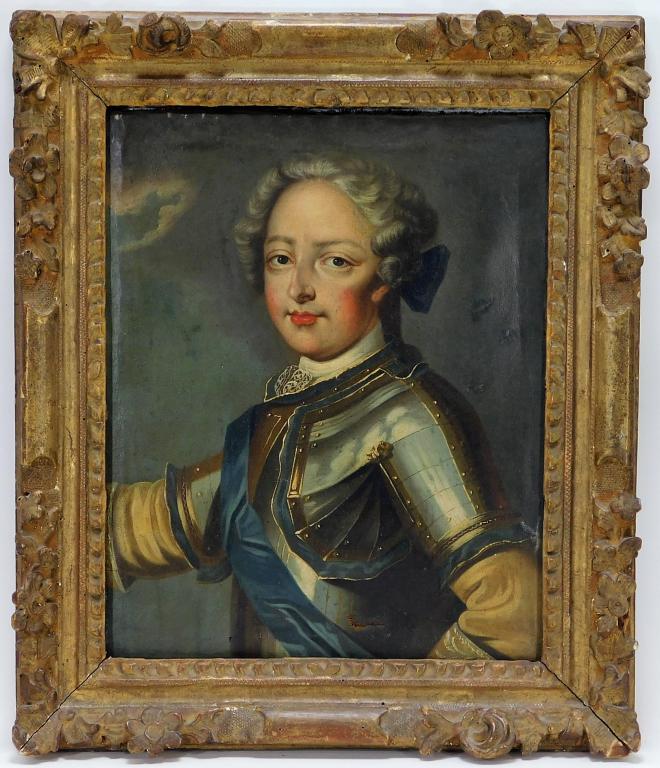 Aristocratic Gentleman Portrait Painting: Europe,19th Century Naturalistic depiction of a gentleman with white powdered hair dressed extravagantly in blue embellished with armored shoulder pads. Canvas 15 3/4" x 12 3/4",Frame 21" x 17 3/4", O