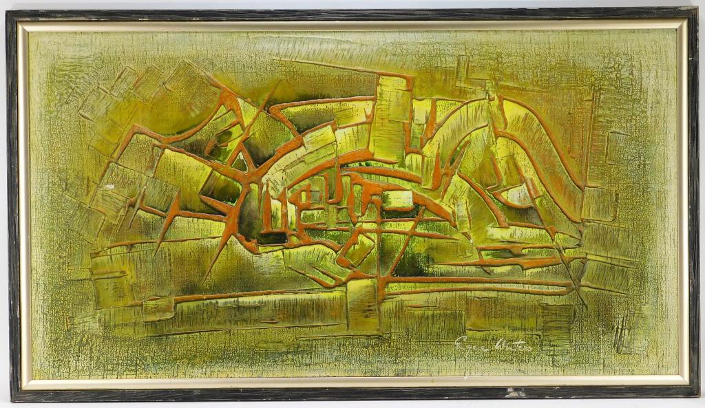 Eugene Winters Abstract Expressionist O/B Painting: Austria, United States,1904-2001 Raised rust colored slashes over yellow and green mottled ground. Winters was a noted multidisciplinary artist focused in abstract expressionist painting and glass in 