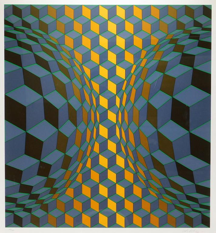Victor Vasarely Op Art Geometric Serigraph Print: France, Hungary,1906-997 "Bi-Cheyt" edition 127/250. Impression area 27 1/2" x 25 1/2",Frame 42 1/4" x 40", Serigraph on paper Signed "Vasarely" in pencil lower right under image. From the collection