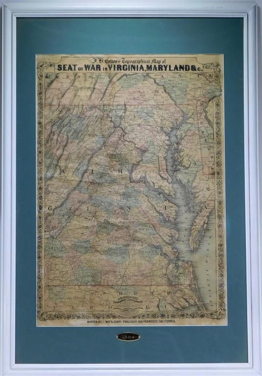J. H. Colton for Warren Holt Virginia Maryland Map: California,1864 J. H. Colton topographical map of Seat of War in Virginia, Maryland, & c. depicting a general map of eastern Virginia, Maryland, Delaware, southern Pennsylvania, and northern North Car