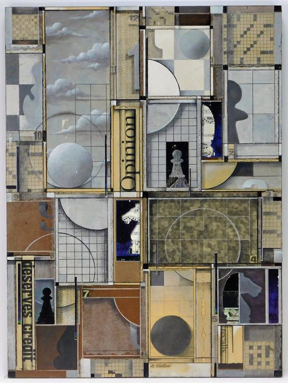 Roderick Slater Gray Collage Mixed Media Painting: United States,1937-2019 Rectilinear collage of chess boards, grids, chess pieces, and crosswords. Slater was known for his collages and three-dimensional works with works in the Portland Museum of Art