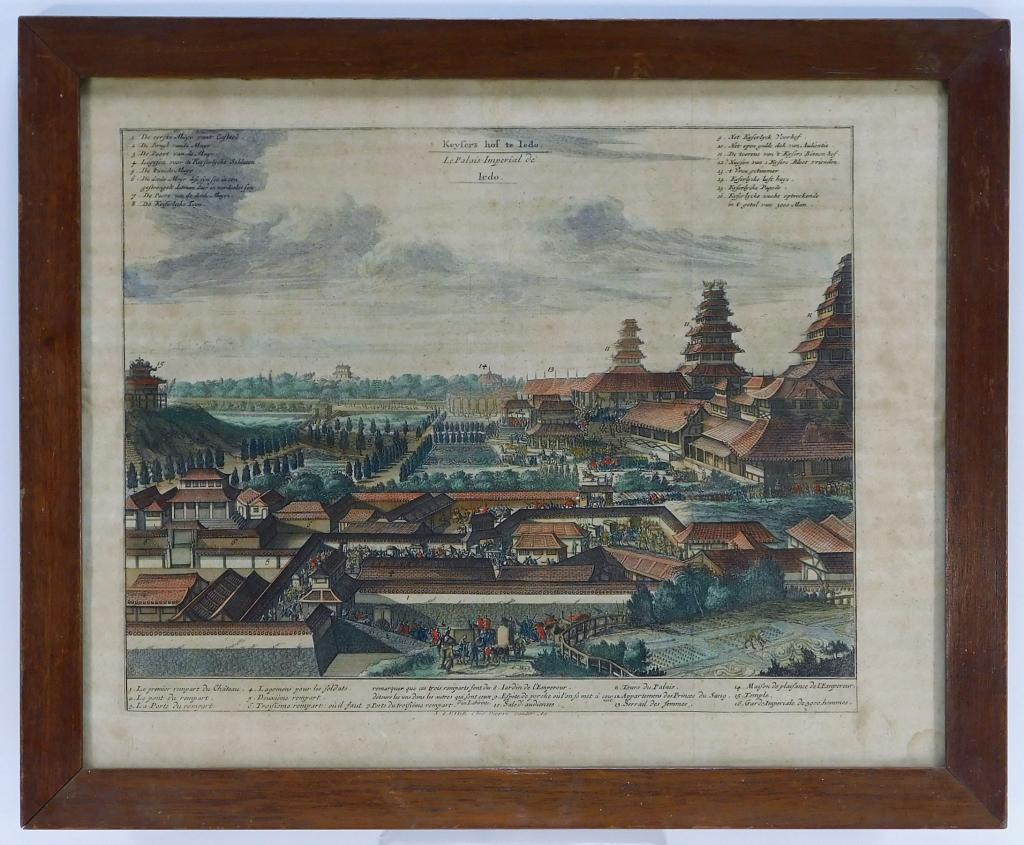 Pieter van der Aa Le Palais Imperial de Iedo Map: Netherlands,1659-1733 Hand tinted map of the emperor's palace in Japan during the Edo Period with key in both French and Dutch. Impression area 9 3/4" x 12 1/4",Frame 13 1/2" x 16 1/2", Etching on pap