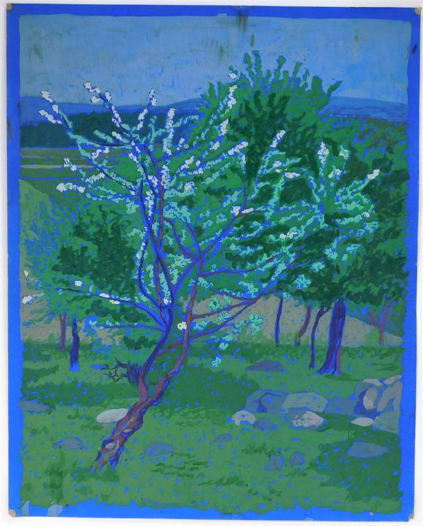 Otto Plaug Jugendstil Park Landscape Painting: New York, Germany,1898-2000 Depicts a vibrant, twisted flowering tree in a wooded park lined by stones. This painting was removed from a portfolio of 30 works to which we will be selling over time wit
