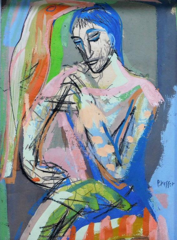 Josef Presser Figurative Expressionist Painting: Poland, Massachusetts, New York,1907-1967 Depicts a colorful polychromatic figure seated and glancing off to the side. Presser studied with Bryant Baker, Henry Hunt Clark, Philip Hale, and William Jam