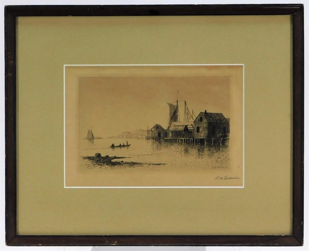 Lemuel D. Eldred New England Harbor Scene Etching: Massachusetts,1848-1921 Depicts docks from a shoreline with sailboats and a single row boat in the ocean. Eldred studied for a short time at the Academie Julian in Paris and his works have been displa