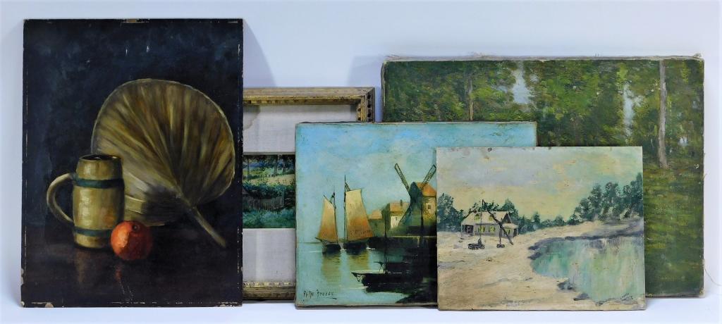 5 Antique Impressionist Landscape Paintings Group: United States, Europe,19th-20th Century Includes a painting of a forest path, a depiction of a windmill by a harbor, an impressionist depiction of a house by a lake by Laurie Simpson, a still life dep