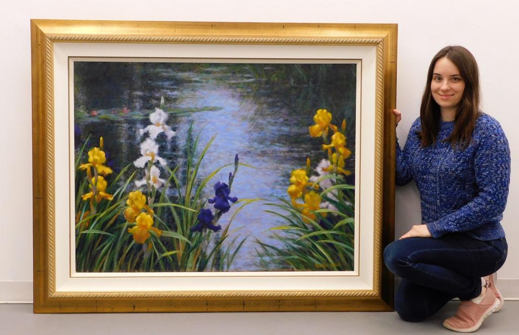 LG Brian Davis Pond Splendor Landscape Painting: California, Nevada,b.1946 Impressionist work depicting bright yellow, white, and violet Iris flowers bordering a tranquil pond with lily pads floating in the background. 42" x 48",Frame 49" x 60 1/2",