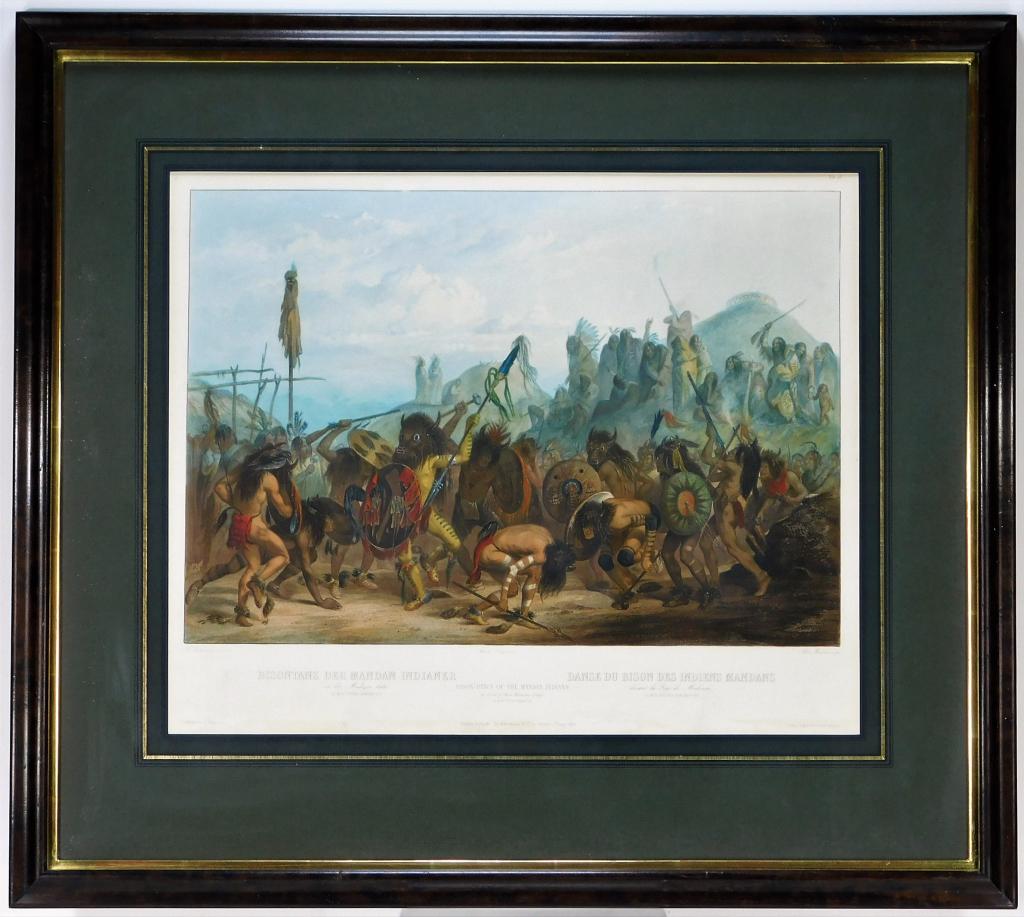 Karl Bodmer Native American Handcolored Lithograph: Missouri, Montana, Switzerland, France,1809-1893 Bison-Dance of the Mandan Indians, noted Tab. 18. upper right of image, London published by Ackermann & Co. 90 Strand. 1st July 1842 on embossed "C Bod