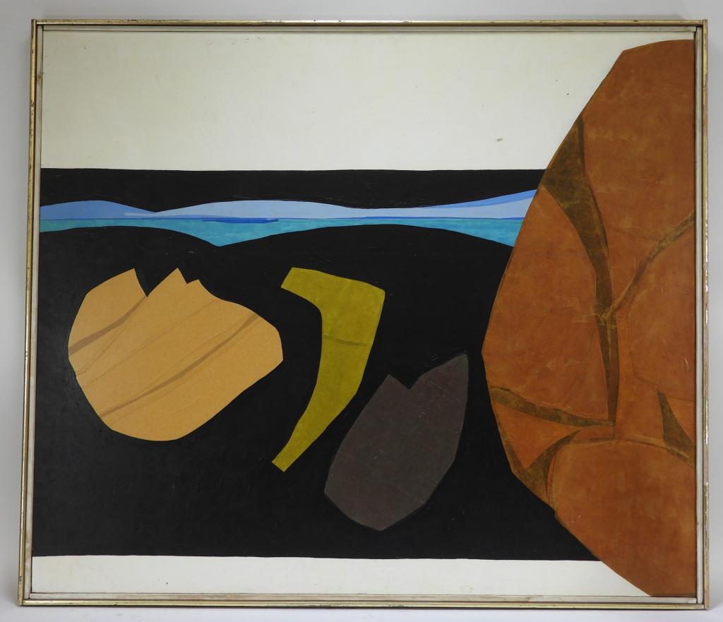Roger Martin Modernist Seashore Painting: Massachussetts,1925-2015 Modernist abstract rendition of a New England coastline. Canvas 36" x 42",Frame 37 1/2" x 43 1/2", Oil on canvas Signed "Roger Martin," and annotated "Shore View" on verso. Fr