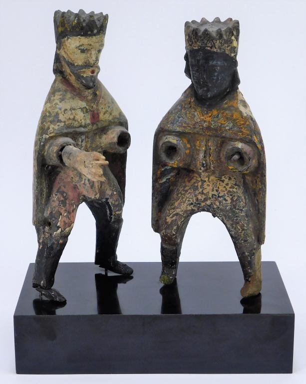 Mexican Biblical Magi Carved Wood Santos Sculpture: Mexico,Late 19th-Early 20th Century Folk art depictions of two of the three wise men decorated with polychromatic paint mounted to a simple black plinth. Overall 11" t x 8 5/8" w x 4 1/2" d,, Wood Fro