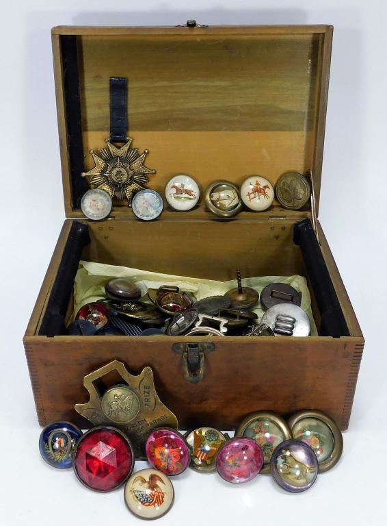 59 Vintage Glass Horse Bridal Button Rosettes: United States,20th Century Includes an assortment of buttons decorated with horses, jockeys, flowers, four leaf clovers, monograms, and aristocratic gentleman in a wooden box. Box 6 7/8" t x 11 7/8" w