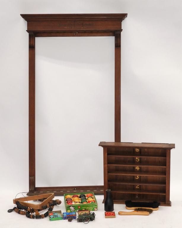 Brunswick Oak Pool Table Cue Rack Balls Holder: United States,Circa 1900 Twelve cue rack of quarter sawn oak with matching ball holder including a set of Vitalite billiard balls (2 1/4"), rack, and score wire with accessories. Ball Rack 24" x 19",C