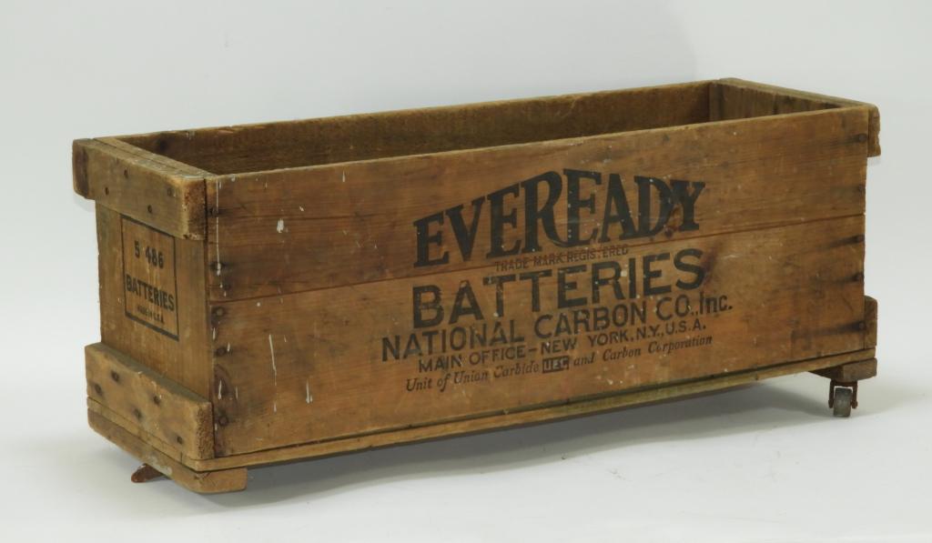 Eveready Batteries Advertisement Auto Display Box: United States,1929 National Carbon Co. Inc wooden crate box for shipment of batteries. Both front and back with advertising. 27" x 9" x 11 1/2",, Wood and metal From the collection of a Cranston, Rhod
