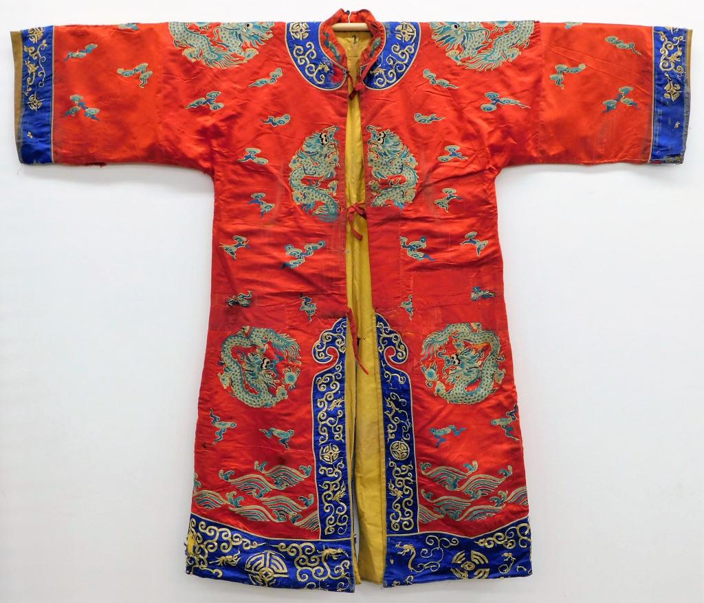 Chinese Silk Red and Blue Dragon Kimono: Japan,19th Century Vibrant red silk with striking cobalt trim decorated with gold couching, lacquered threads, and dragon motifs throughout. 51" long x 25 1/2" bust x 60 1/2" wingspan Please refer to 