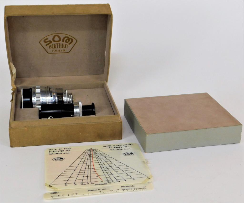 Berthiot Pan-Cinor 12.5-36mm f/2.8 for Bolex: SOM Berthiot Pan-Cinor 12.5-36mm f/2.8 zoom lens with eyepiece, for Bolex cameras. In original box, with field calculator.