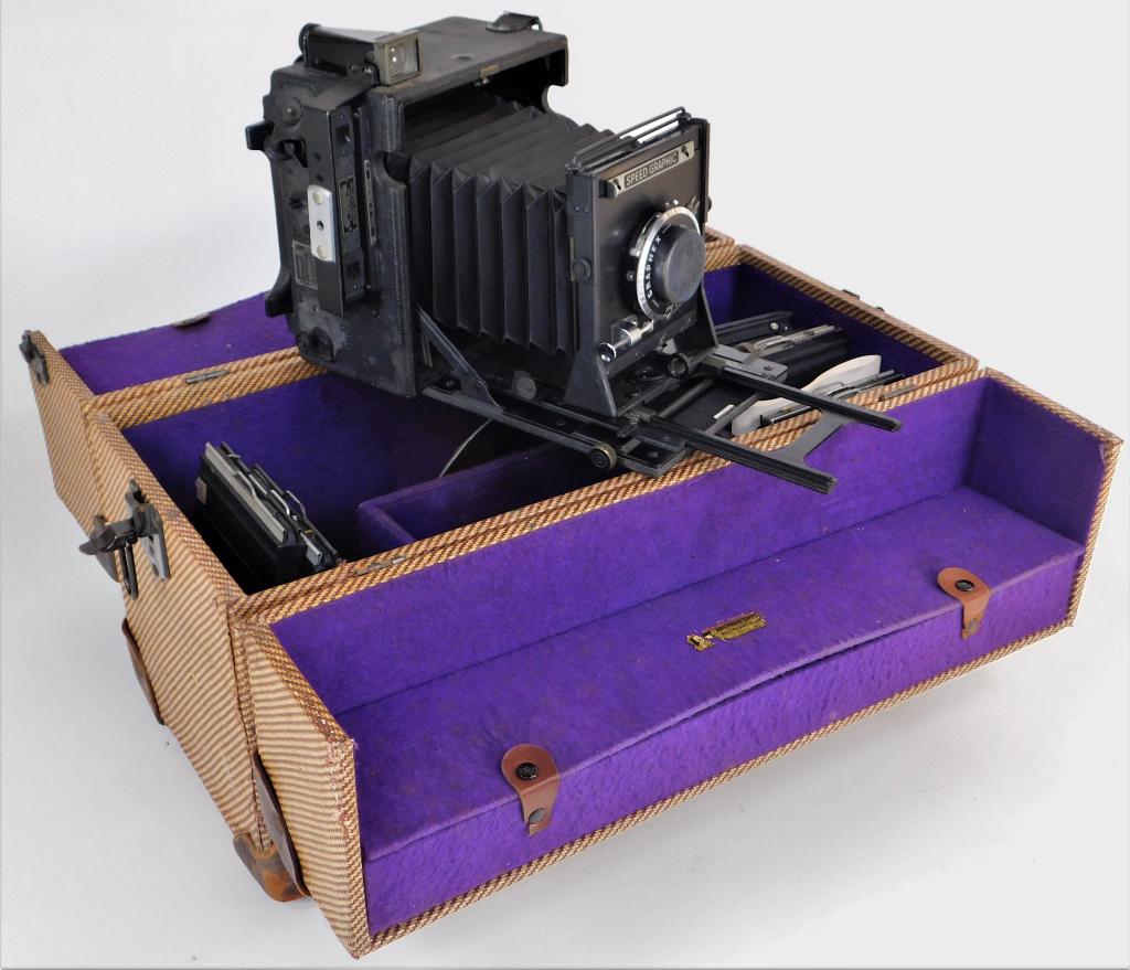 Graflex Anniversary Speed Graphic Camera #4: Graflex Anniversary Speed Graphic, circa 1945. Kodak Ektar 127mm f/4.7 lens, includes 8 backs, flash, and fitted case.