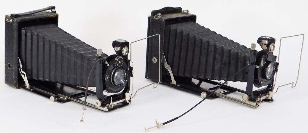 Lot of 2 ICA Ideal 9x12 Folding Cameras: Lot of 2 ICA Ideal 9x12 folding cameras. Schneider Radionar 135mm f/4.5 with viewing back, Steinheil Actinar 135mm f/4.5 with film pack back.
