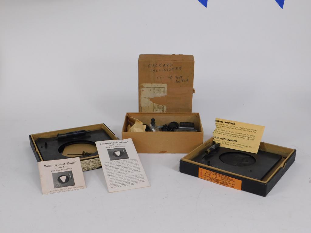 Lot of 2 Packard Ideal No. 6 Shutters: Lot of 2 Packard Ideal No. 6 shutters in original boxes, and Elmwood foot switch in original box. Packard Ideal sizes 3" and 3-1/2".