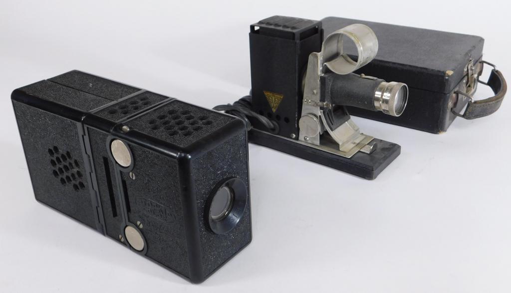 Lot of 2 35mm Mini Projectors: Lot of 2 35mm mini projectors. Includes Stopkid Color Fold out and Society of Visual Education Junior Projector with case.