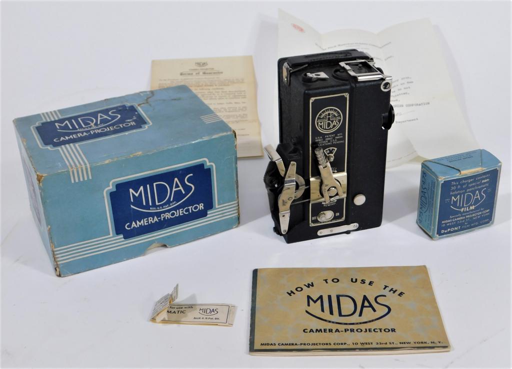 Midas 9-1/2mm Film Camera and Projector: Midas 9-1/2mm film Camera and Projector, with original cardboard box and instructions. Circa 1934.