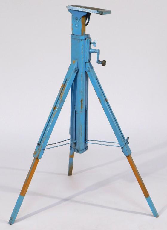 Wood and Metal Crank Tripod: Wood and metal crank tripod, painted blue. Approximately 39 inches tall.