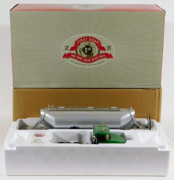 First Gear 1:34 Scale Diecast Cement Hauler Truck: Mack Granite with HEIL Dry Bulk Trailer, 1:34 scale diecast truck, unused in box with outer mailer.