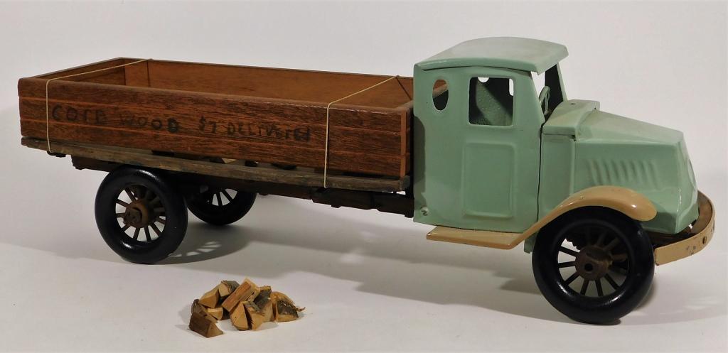 Antique Custom Folk Pressed Steel Wood Frame Truck: Interesting pressed steel truck which is believed to have been transformed over time, antique wood frame and bed. repainted cab, losses and wear throughout, frame cracked, as-is, please refer to photo