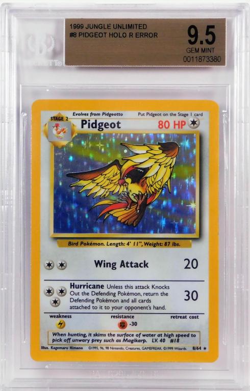 1999 Pokemon Jungle Unl. Pidgeot Error BGS 9.5 TCG: 1999 Pokemon Jungle Unlimited Pidgeot holographic error trading card. The card was printed without a Jungle symbol, BGS 9.5 Gem Mint. Per the Beckett Population Report 4 in 9.5, 0 higher.