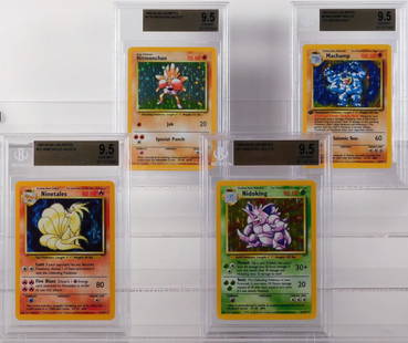 4PC Pokemon Base Unlimited BGS 9.5 TCG Card Group: Group includes 1999 Pokemon Base Unlimited Hitmonchan, Machamp (1st Ed.), Ninetales, and Nidoking, all graded BGS 9.5 Gem Mint.