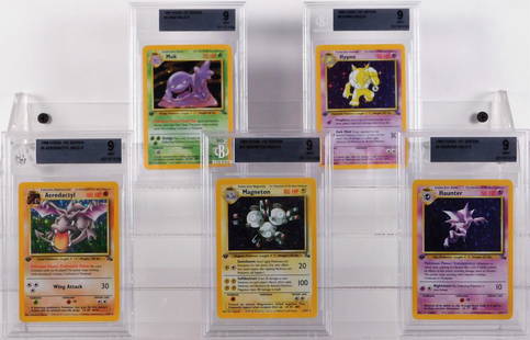 5 1999 Pokemon Fossil 1st Ed BGS 9 Holo Card Group: Group includes 1999 Pokemon Fossil 1st edition Aerodactyl, Haunter, Magneton, Hypno, and Muk holographic trading cards, all graded BGS 9 Mint.