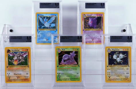 5PC 1999 Pokemon Fossil 1st Ed BGS 8.5 Holo Group: Group includes 1999 Pokemon Fossil 1st edition Articuno, Gengar, Aerodactyl, Muk, and Magneton holographic trading cards, all graded BGS 8.5 NM-MT+.