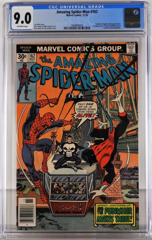 Marvel Comics Amazing Spider-Man #162 CGC 9.0: Marvel Comics Amazing Spider-Man issue 162 from November, 1976. The book featured the first appearance of Jigsaw and Doctor Maria Madison and a Punisher and Nightcrawler appearance. CGC 9.0 w/ Off-Whi