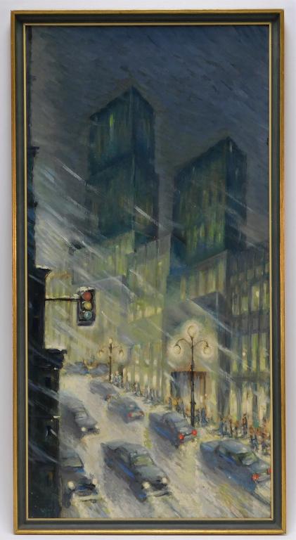 1961 New York City Winter Street Scene Painting: United States,Dated 1961 Impressionist work depicting a busy New York City street at night bustling with cars illuminated by street lamps. The painting exhibits influence from the work of Guy Carleton