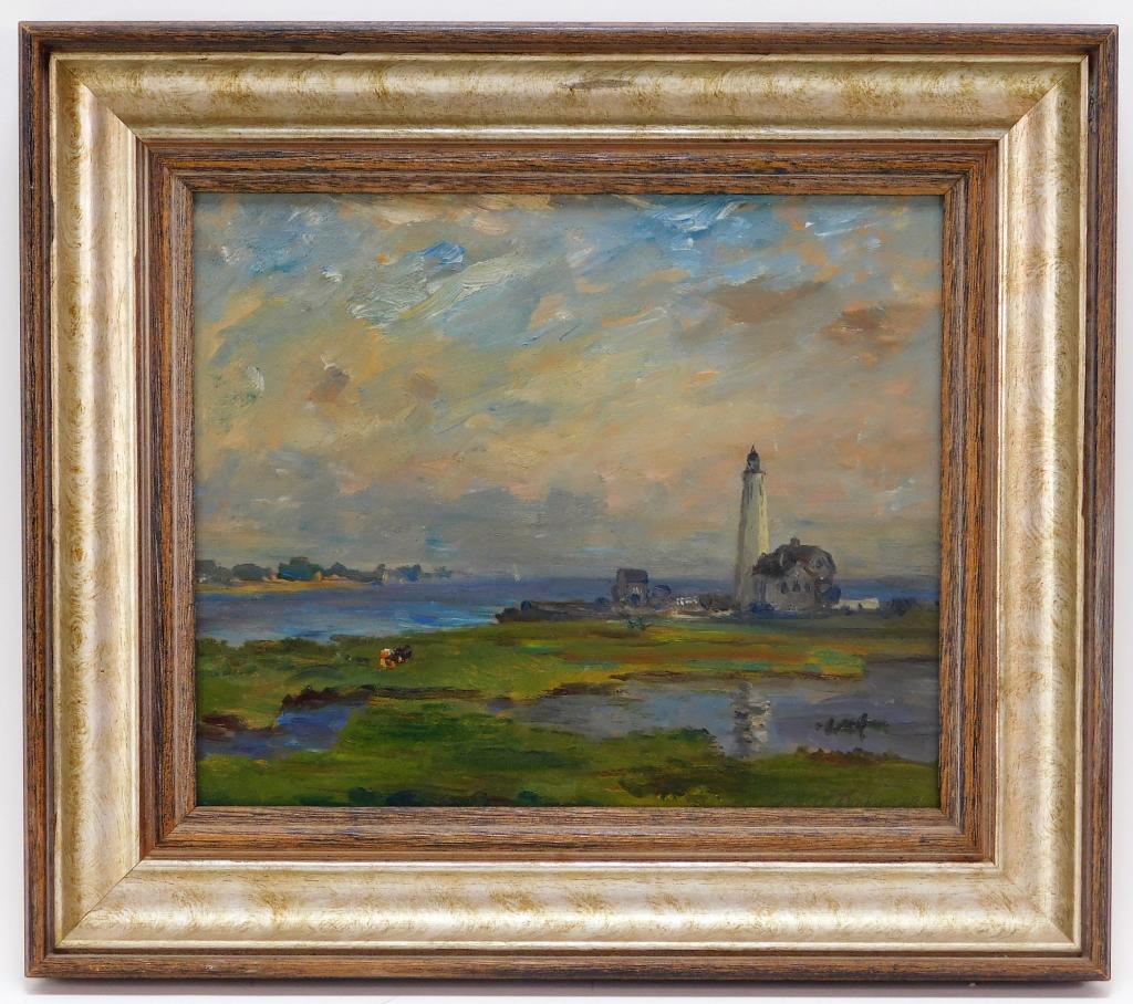 Oscar Anderson Impressionist Coastal Painting: Massachusetts, Ohio,1873-1953 Impressionist work depicting a lighthouse on the edge of a peninsula in a calm sea. Board 12" x 10",Frame 14 3/8" x 16 1/2" Signed "Oscar Anderson" in lower right corner.