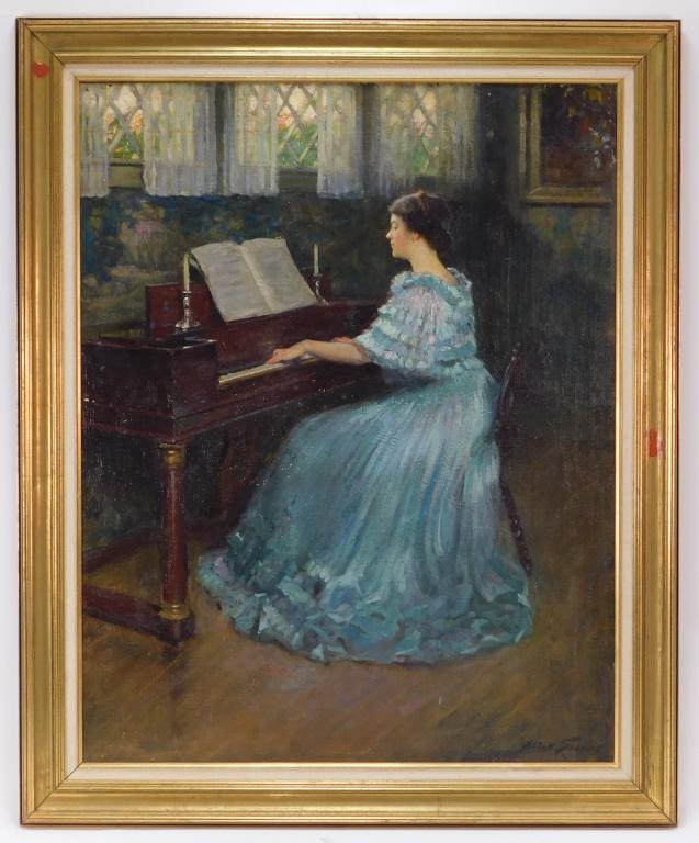 Abbott Graves Impressionist Woman Pianist Painting: Massachusetts, Maine,1859-1936 Impressionist work depicting a young brunette woman in a flowing blue gown playing the piano illuminated by sunlight through leaded windows in a tapestry decorated room.