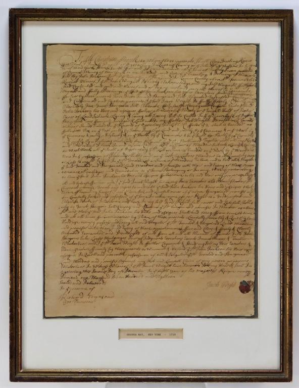 1718 Oyster Bay New York Wright-Townsend Document: New York,Dated 1718 Identified land deed for the selling of property in Oyster Bay, Queens County, New York from a John Jackson to Jacob Wright (abt. 1695-1735), son of Job Wright (1639-1706) witness 
