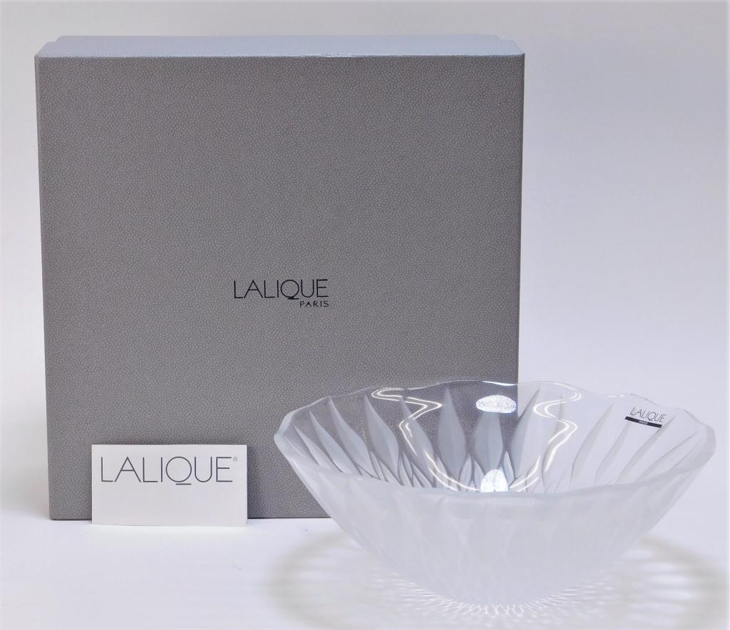 Lalique France Frosted Cut Crystal Glass Bowl: France,20th Century Shapely bowl with cut and frosted exterior decoration. 3 1/2" x 9 1/2" dia., Underside signed "Lalique France" with copyright mark, retains sticker. Medium: Glass