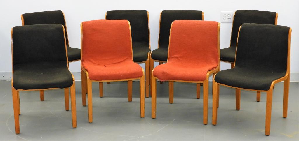 8 Bill Stephens for Knoll Int Bentwood Side Chairs: United States,1932-2007 Simplistic S form bentwood frame with upholstered seat and splat. 31" x 18" x 19", 18" seat height, Each with original "Knoll International" label Creator: Bill Stephens Medium