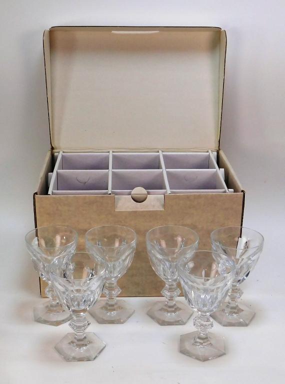 Set 12 Boxed Baccarat Harcourt Water Wine Goblets: France,20th Century From a wonderful clean estate, a set of 12 Harcourt pattern crystal water/ wine goblets. Includes one original box and a rigid cloth & foam storage box which will hold all 12 (not 
