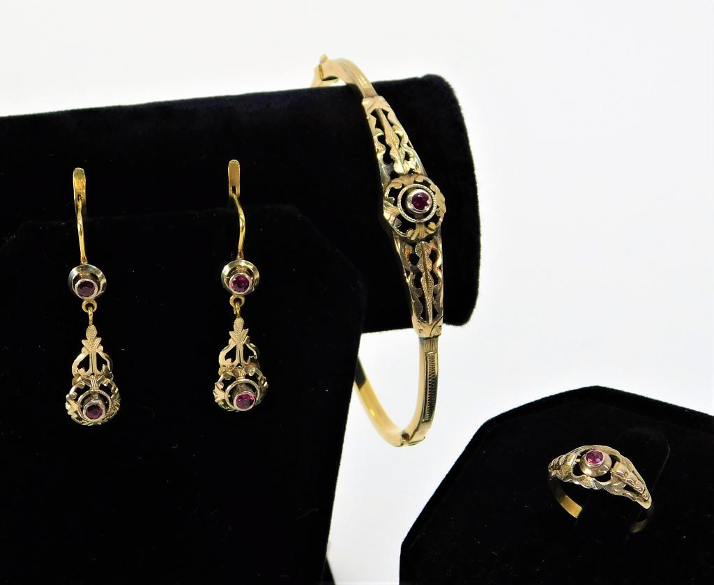 18K Gold Art Deco Ruby Ring Bracelet Earring Trio (1 of 8)